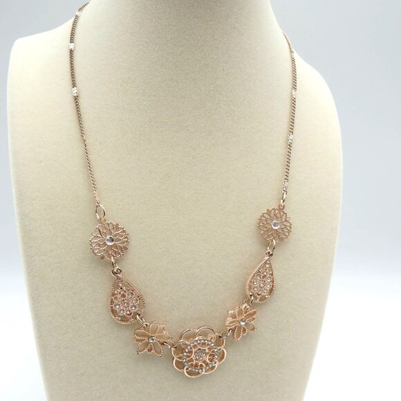 Lauren Conrad Necklace Rose Gold Tone Floral Bib Rhinestone 18" Adjustable Chain - Picture 3 of 8